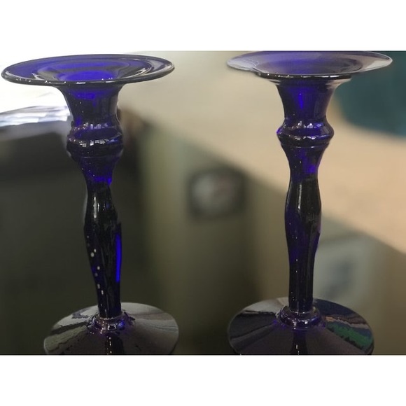 Late 20th Century Original Bristol Blue Glass Candlestick pair w/ box mint - Picture 5 of 11